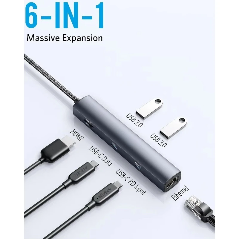 6 In 1 USB C Docking Station Power Expand Hub for Anker 65W PD Charging 4K Video 1Gbps Ethernet 2 USB3.0 Port Laptop Adapter