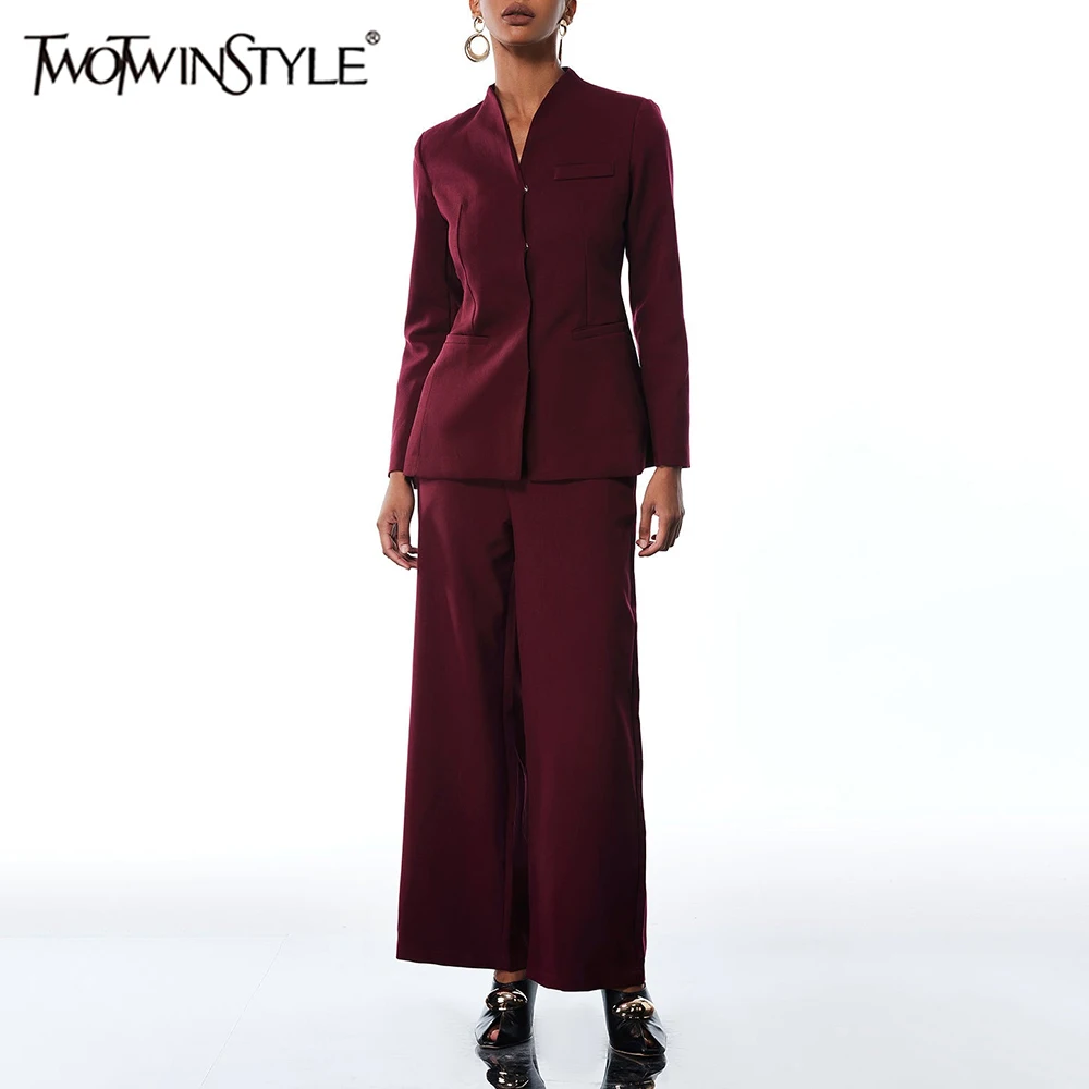 

TWOTWINSTYLE Solid Basics Two Piece Sets for Women V Neck Long Sleeves Spliced Pockets Blazer Wide Leg Pant Set Female Clothing