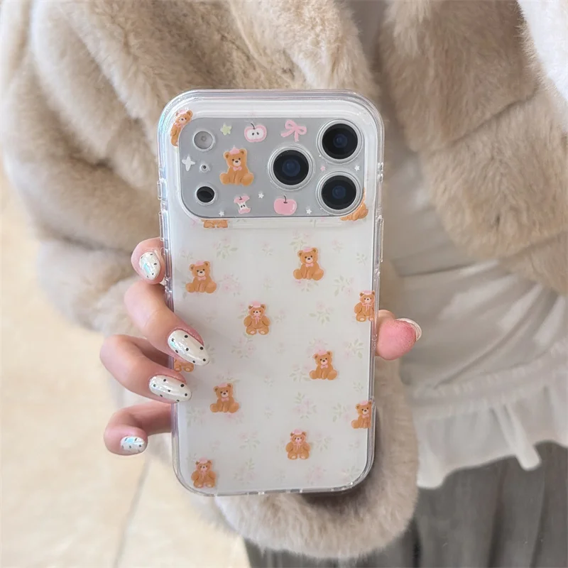 

Fashion Cute Cartoon Bear Little Flower Case For iPhone 17 Pro 16 15 14 Pro Max Phone Cover Shockproof Protective Cases For iPho