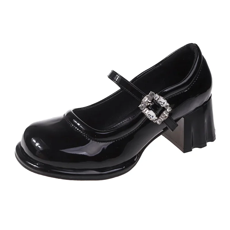 

British Style Metal Belt Buckle Cute Mary Jane Women's Shoes Retro Round Head Thick Heel Casual High Heel Women's Single Shoes