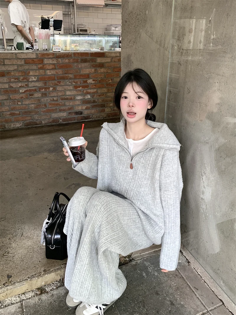 

Fashion Women's Korean Version Loose Knit Pullover Stand Collar Top Casual High Waist Slimming Wide Leg Pants Two-piece Set