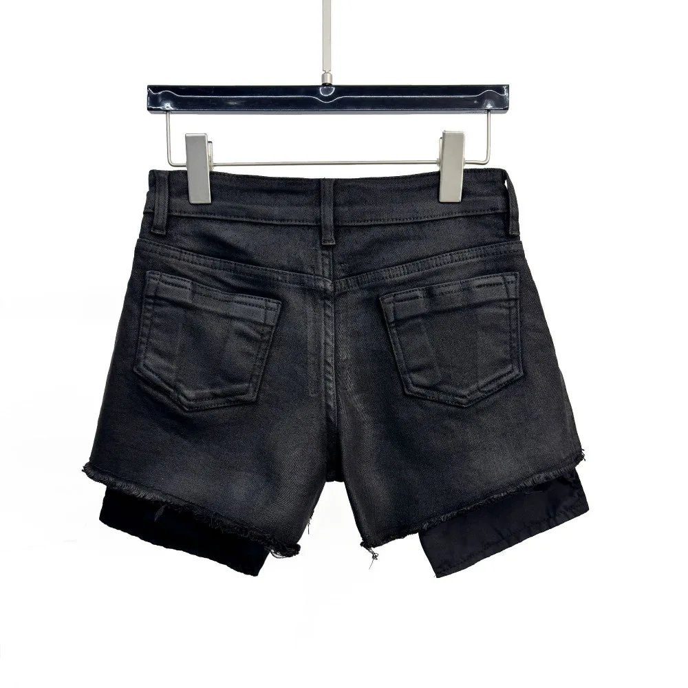 High Street RO Dark Style Black Deconstructive Cut Wax Patchwork Denim Shorts Women's Fringed Hot Pants Summer Shorts