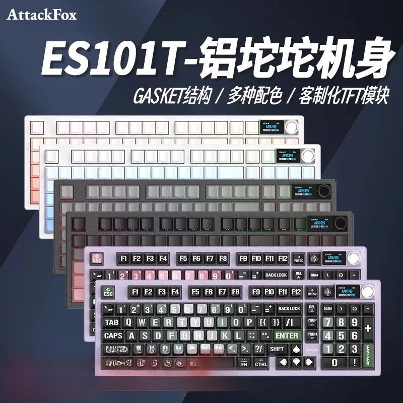 

Механическая клавиатура AttackFox ES101T, беспроводная трехрежимная Bluetooth 2,4G, проводная игровая клавиатура, изготовленная на заказ алюминиевая клавиатура TFT с ЧПУ