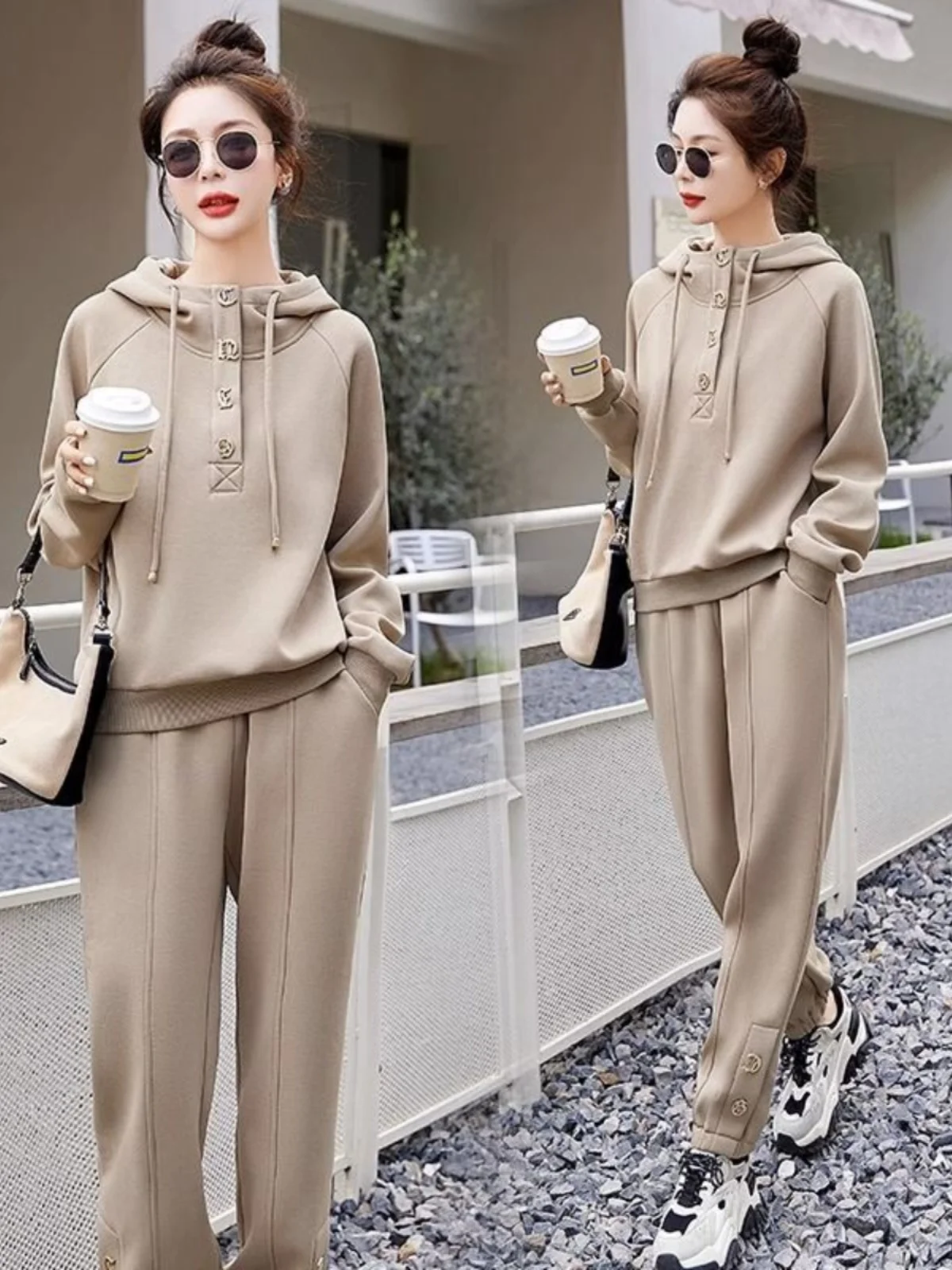 

Elegant Sporty Casual Set Women's Spring Autumn Fashionable Hong Kong Style Hoodie Wide Leg Pants Two Piece Set