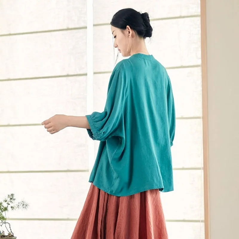 Women Lantern Sleeve Solid Color Shirts Button 2022 Spring New Ramie Tops Ruffled Collar Casual Vintage Shirts Blouses