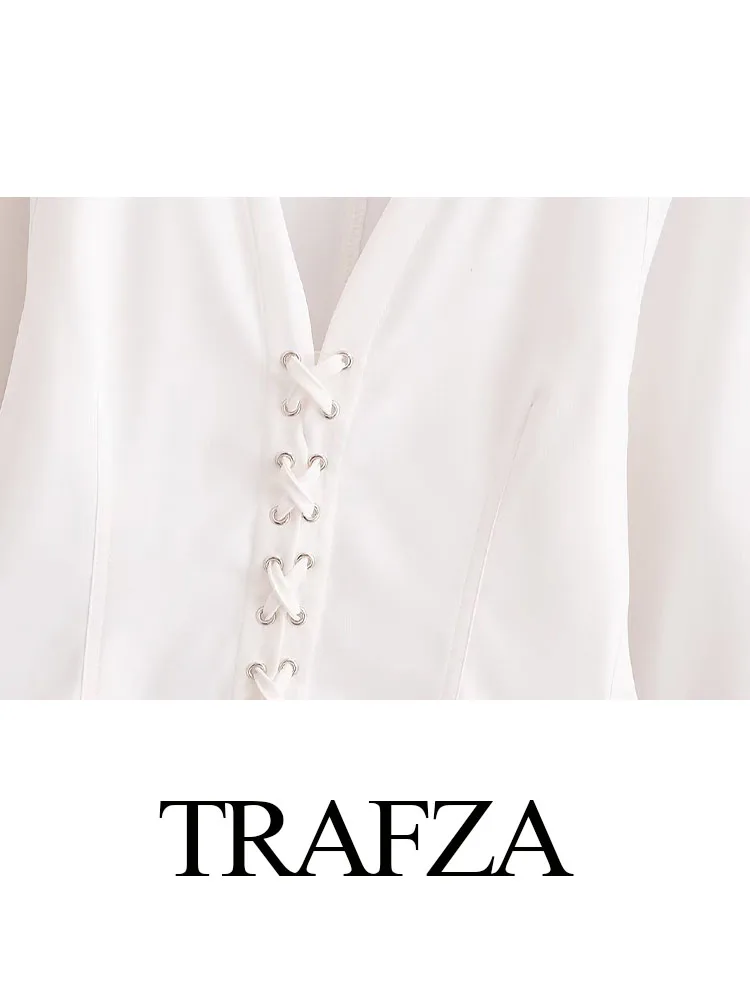 Trafza Frauen Sommer Mode solide lange Ärmel V-Ausschnitt String Shirts weibliche elegante lässige Pullover Bluse High Street Tops Mujer