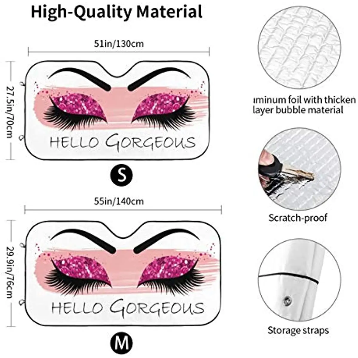 Hello Gorgeous Car Front Windshield Sun Shades, Pink Glittering Eyelash Makeup Auto Window Sunshade, Summer UV Rays Blocker Viso