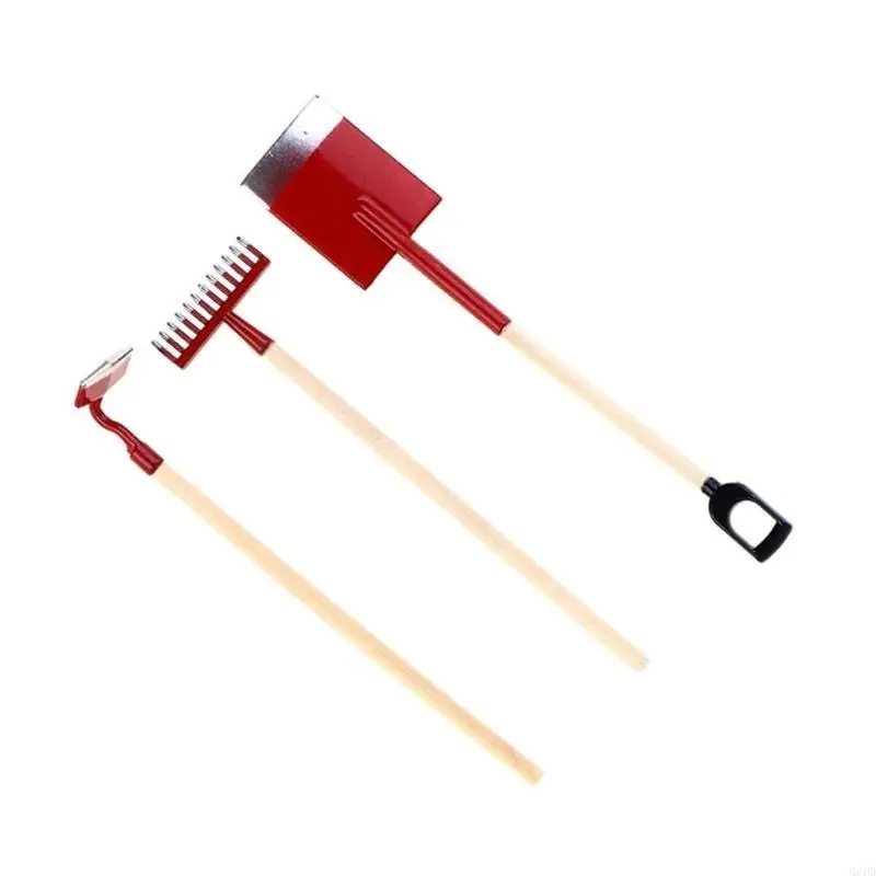 Ensemble d'outils jardin pour maisons poupées, 3 pelles, râteau, modèle houe, réalisme charme pour votre aménagement