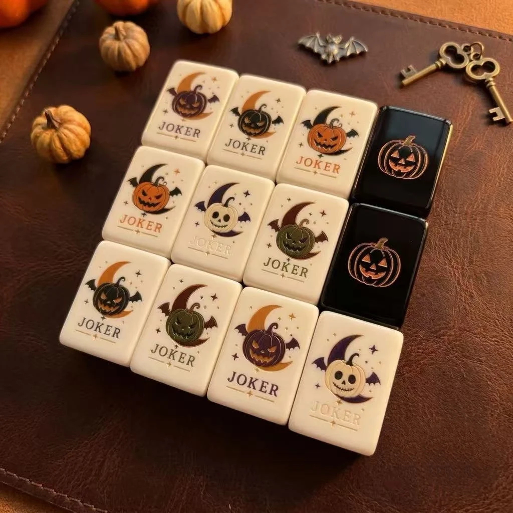 Halloween Theme American Mahjong Tile Set 160pcs Engraved Acrylic Pumpkin Ghost Witch Design Home Entertainment Board Game