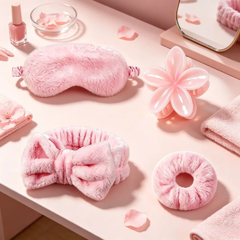 1/2/6/12/15Sets Women Fluffy Spa Makeup Hair Kit Soft Sleep Mask Clear Hair Clips Scrunchies Bag Girls Pajama Party Supplies