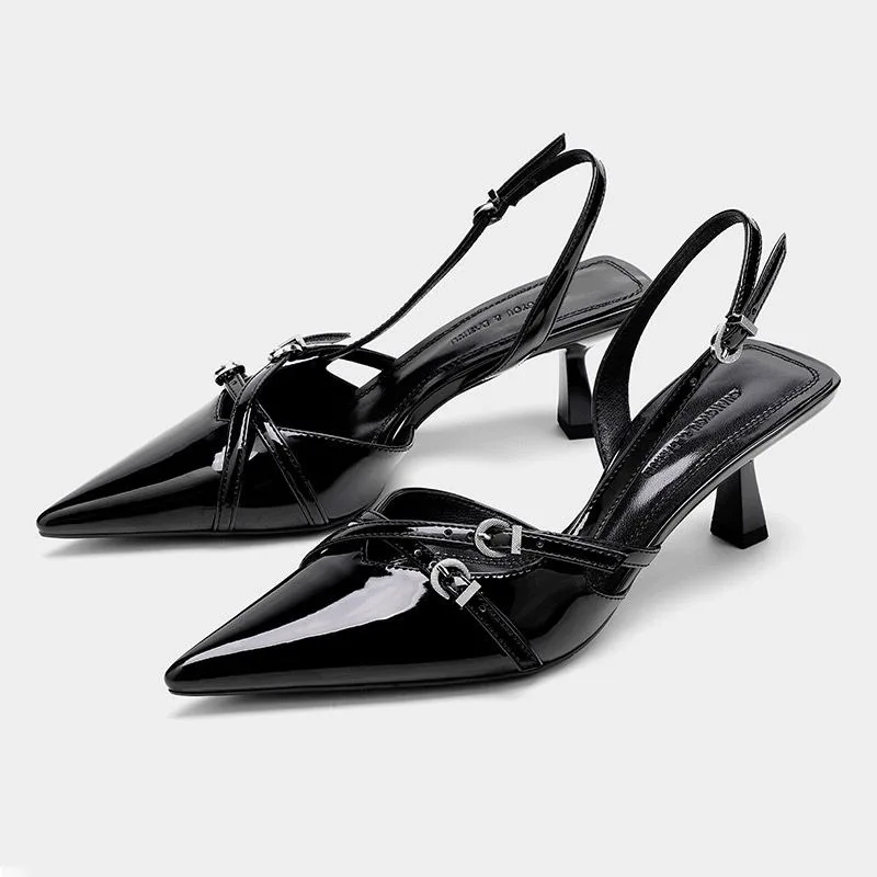 

New Summer Women's Dress Shoes Patent Leather Slip on Pointed Toe Sandals Buckle Slingbacks Mid Heels Pumps Sandalias Mujer