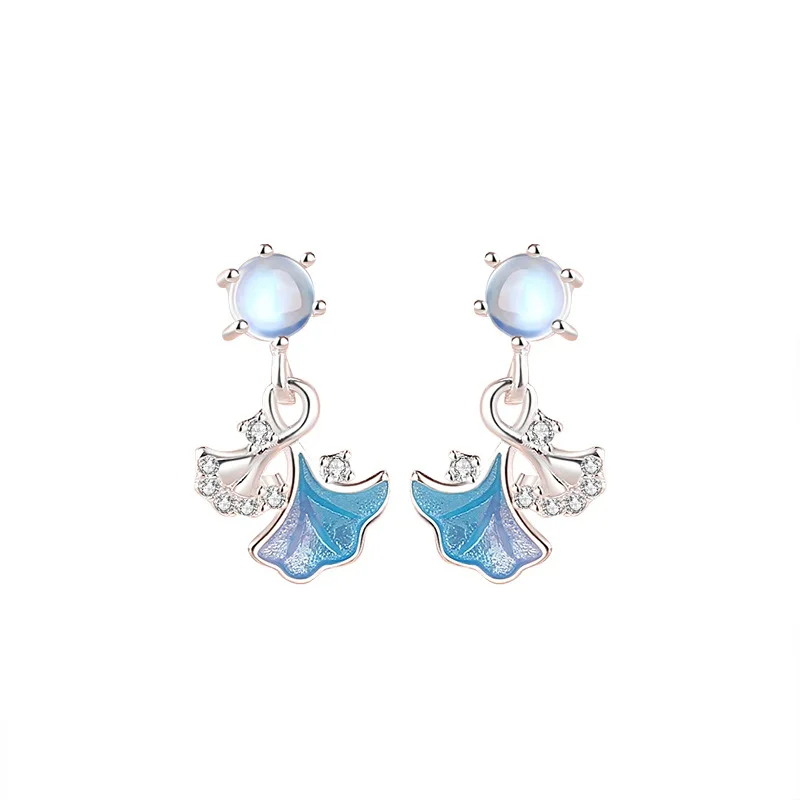 RYJU 925 Sterling Silver Blue Enamel Oil Ginkgo Leaf Dangle Earrings for Women Moonstone Drop Earrings Fashion Party Jewelry