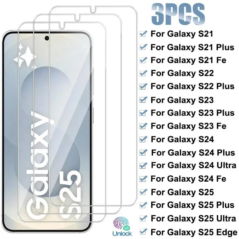

3PCS Full Cover Tempered Galaxy S24 Ultra S25 Edge Screen Protector For Samsung S23 S22 Plus S21 Fe Glass