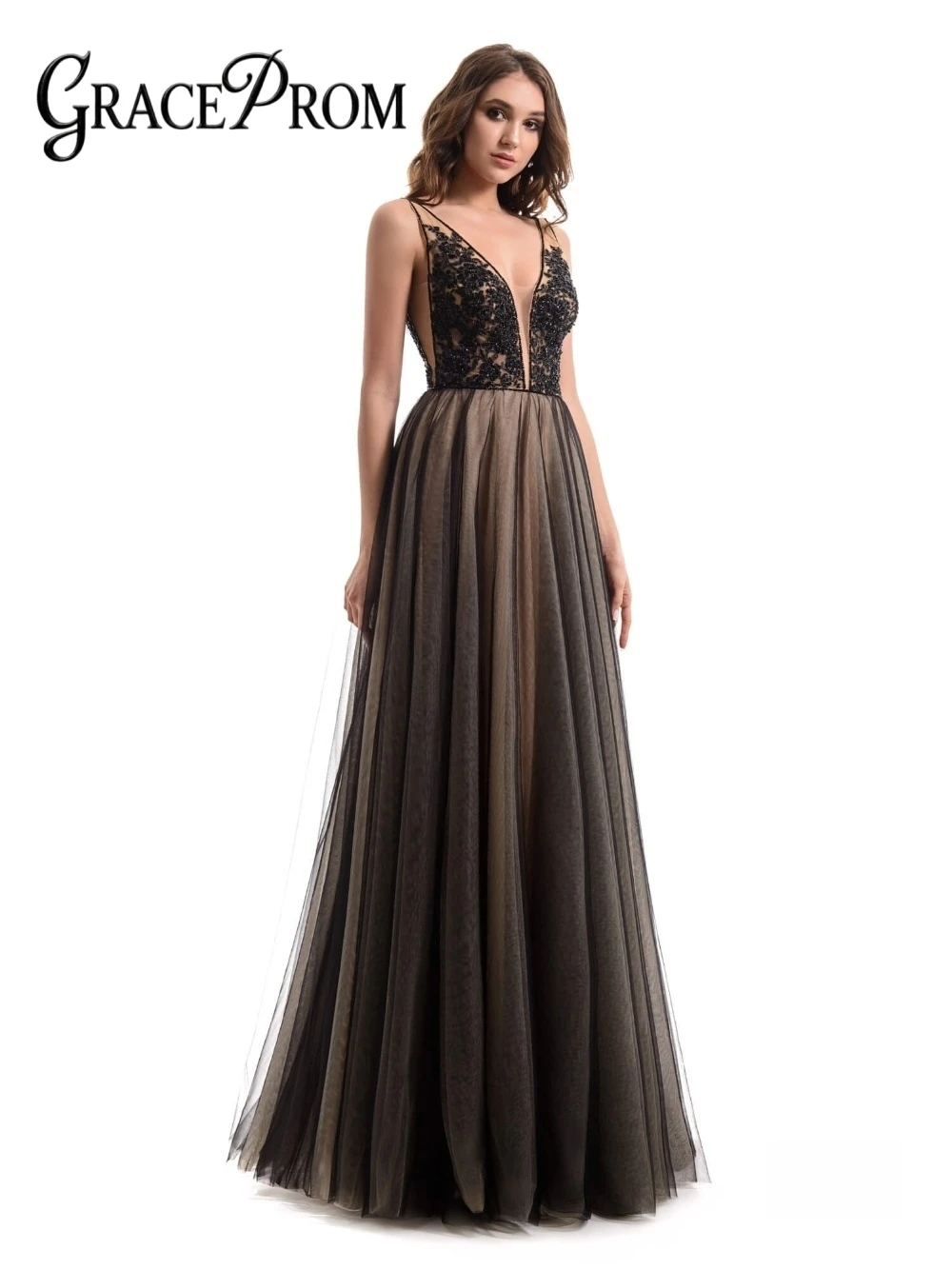 

Stylish Sexy Plunge Neckline Customized Prom Dress Beaded Tulle A Line Galas Evening Gown Charming High-end Party Women Wear