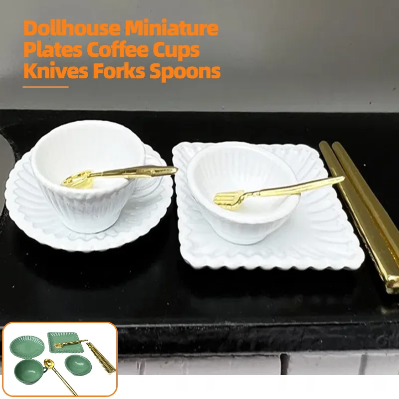 7 pz/set 1:12 Piatti In Miniatura Tazze di Caffè Coltelli Forchette Cucchiai In Miniatura Giochi Di Imitazione Cucina Giocattolo Casa Delle Bambole Accessori