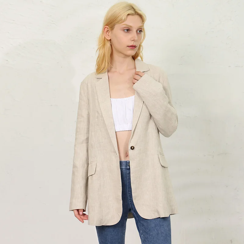 Casual 100% Linen Blazer Woman Vintage Notched Collar Long Sleeve Elegant Womens Jacket  Autumn Coats Outerwear Casacos