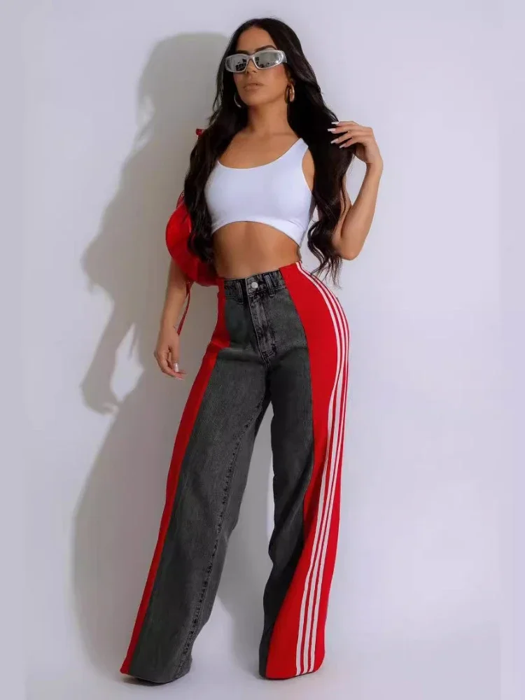 XIZOU Splicing Three Stripe Wide Leg Denim Pants 2024 Summer Fashion Women's New Casual High Waist Elastic Straight Leg Pants