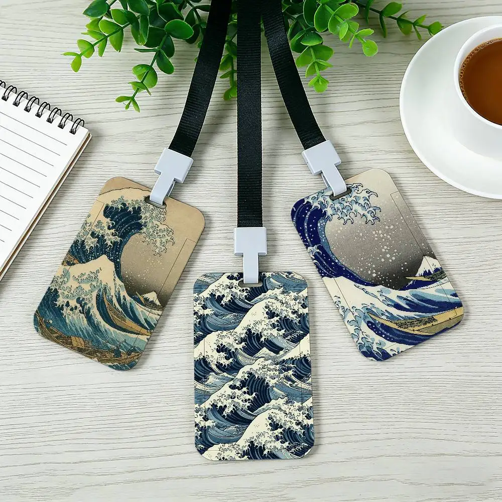 Art T-The Great Wave off Kanagawa Pocket Credit ID Card Badge Tag Bus Card Holder Pass Case With Neck Strap Lanyard