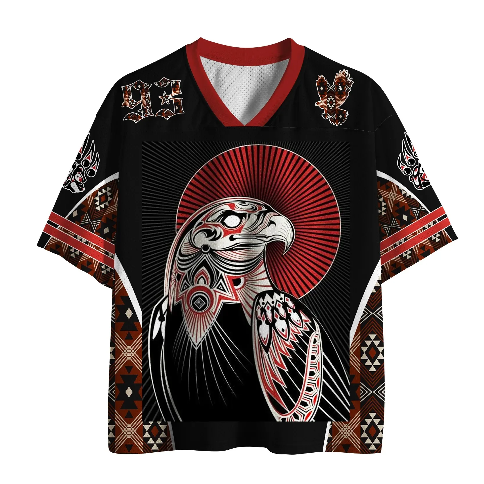 Tribal-style Eagle-patterned Jersey—featuring American Totems and Eagle Prints; A Blend of Streetwear, Vintage, Casual Styles.