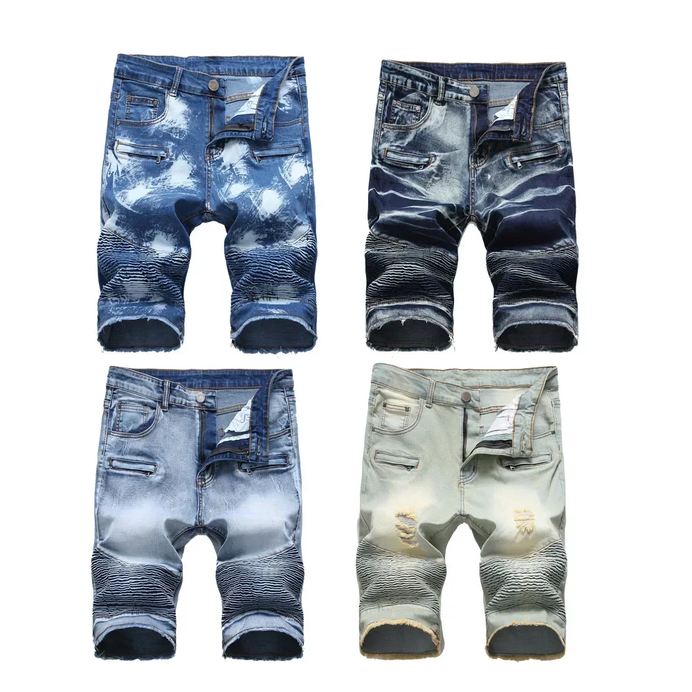 

Folds Jeans Men Distressed Vintage Stretch Knee Length Pants 2024 Streetwear Ripped Pockets Washed Mid Waist Straight Denims
