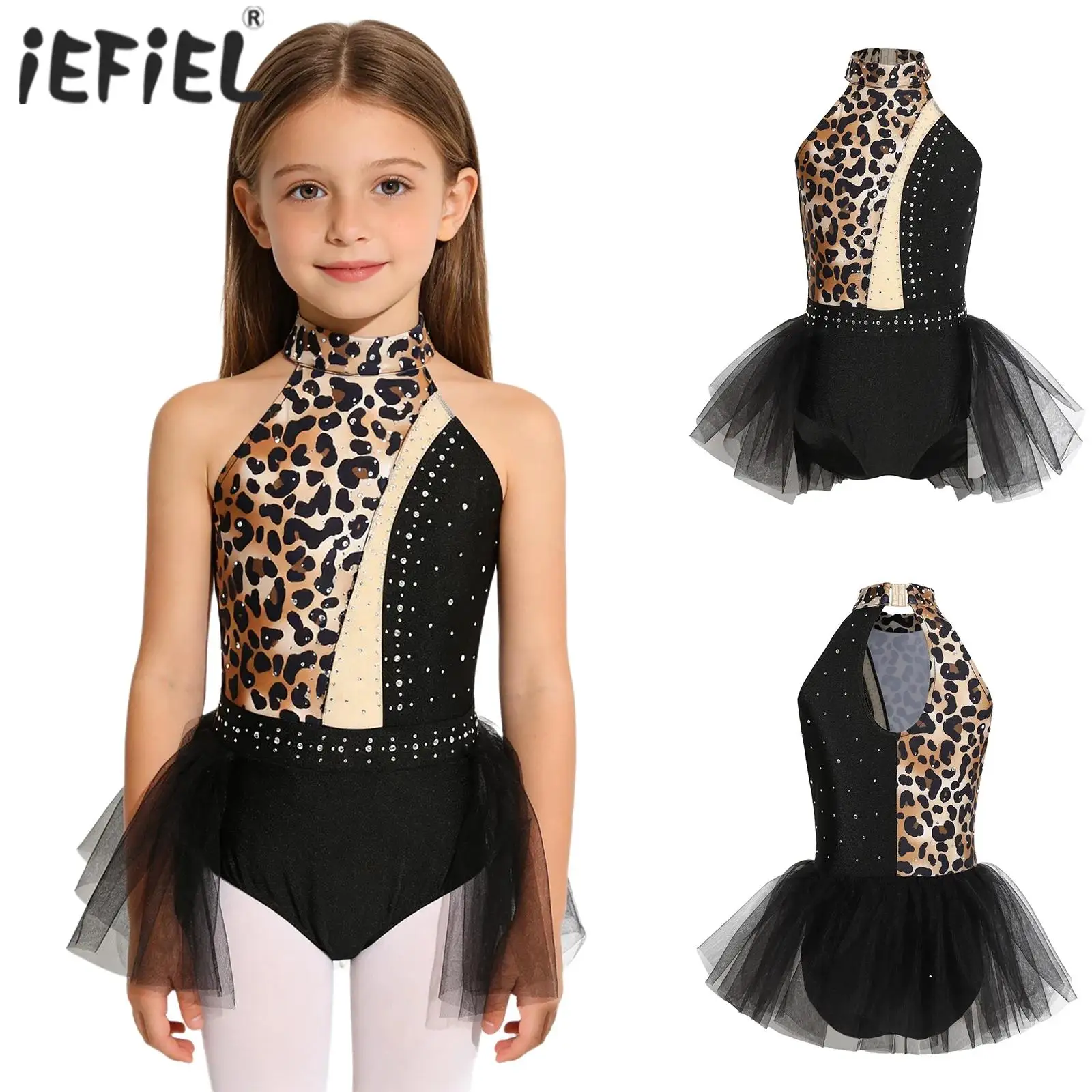 Traje de Leotardo Brillante con Pedrería y Estampado de Leopardo para Niñas, con Malla Transparente, para Ballet, Danza, Gimnasia y Disfraz de Cavernícola