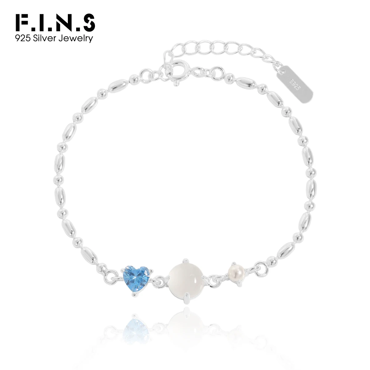

F.I.N.S Original S925 Sterling Silver Heart-Shaped Bracelet Blue Zircon Agate Beaded Chain Stackable Hand Fashion Fine Jewelry