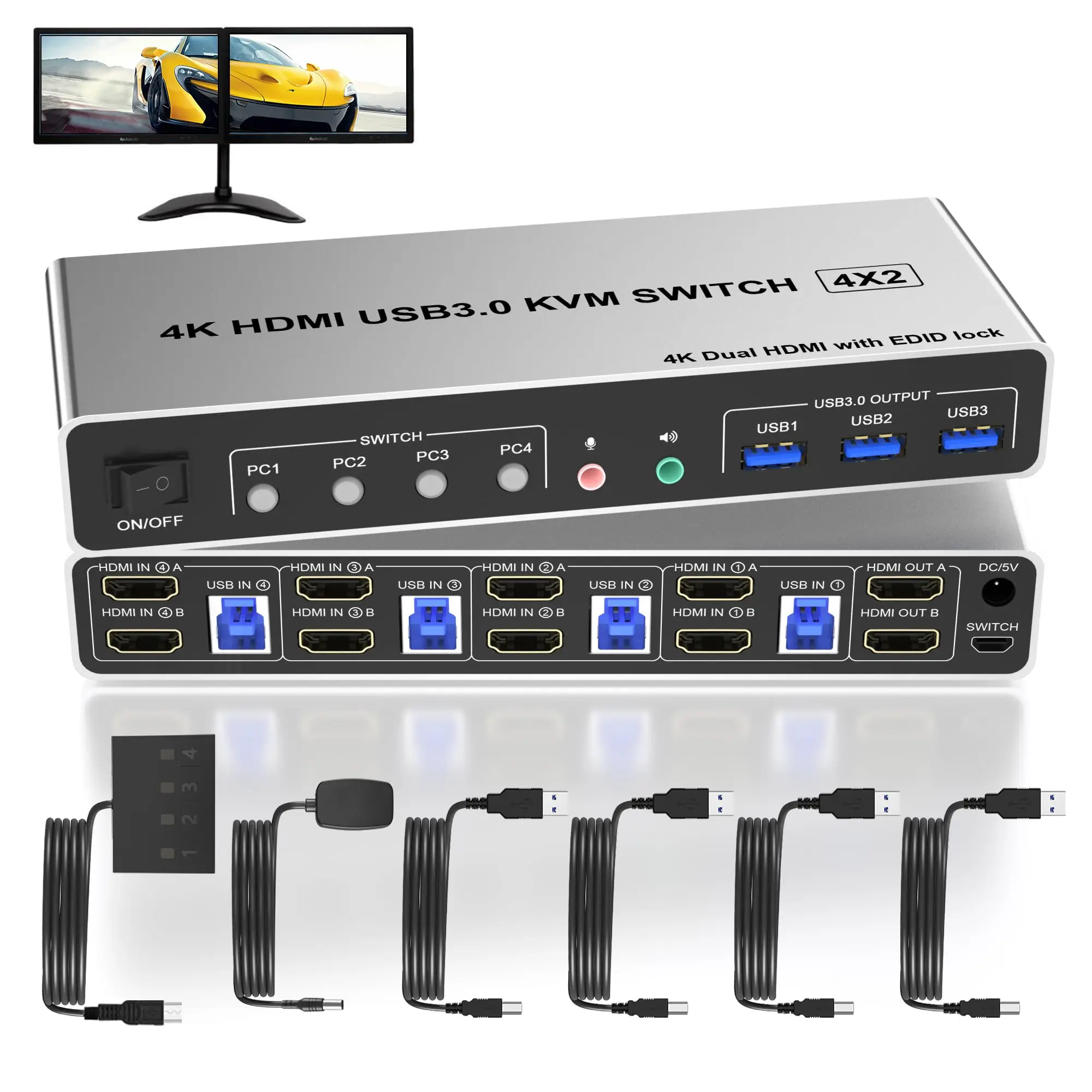 USB 3.0 KVM Switch Dual Monitor4K@60Hz/8K@60Hz,4 Port HDMI KVM Switch 2 Monitors for 4 Computers 3/4 USB 3.0 Ports,Supports EDID