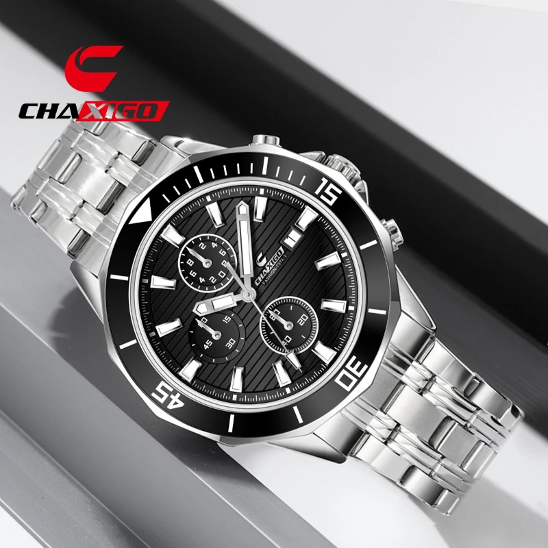 

CHAXIGO 7374 Brand Luminous Quartz Watch Men's Business Waterproof Calendar Three Eye Six Pin Steel Strip Watches for Man Reloj