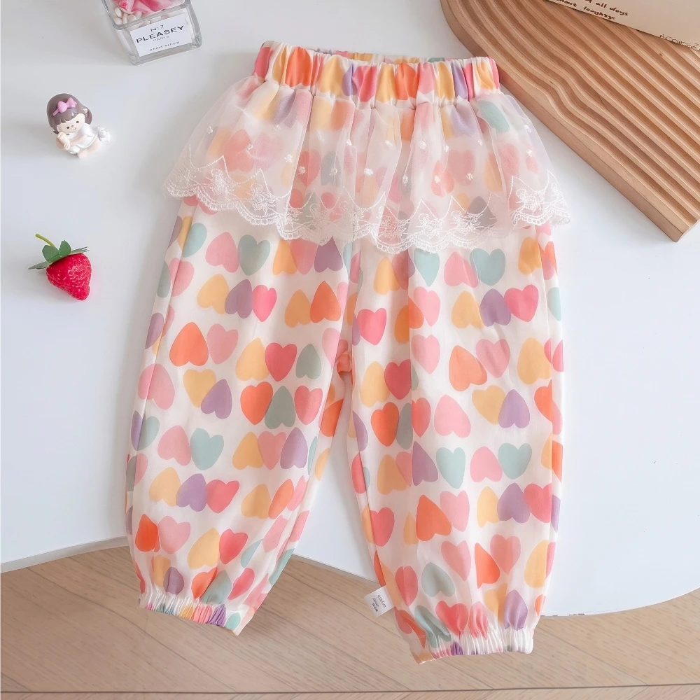 Sommerhosen für Mädchen, lockere, leichte, atmungsaktive, mit Spitze besetzte, mückenschutzende Hosen für Kinder, dünne Freizeithosen für Mädchen