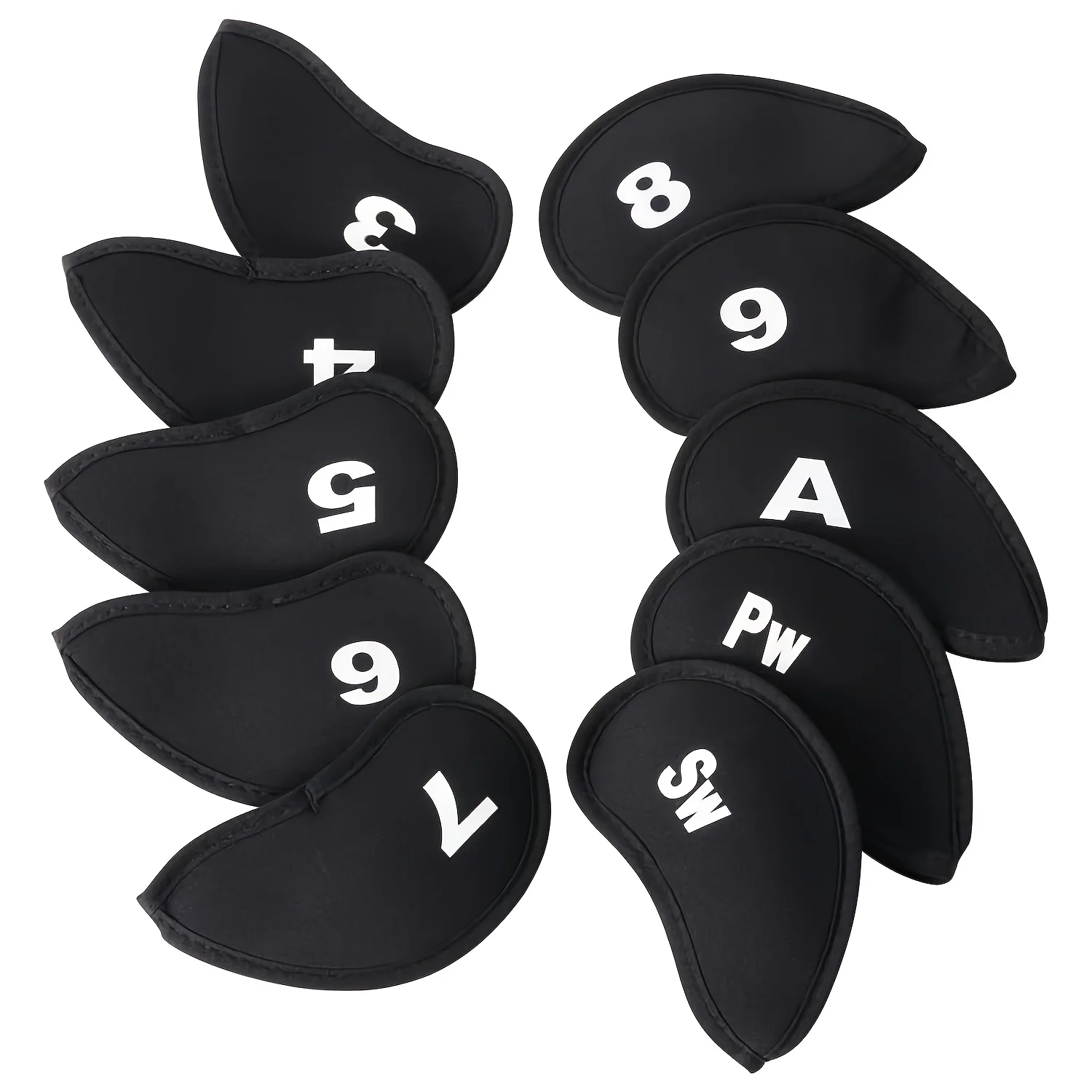 10 black golf club head covers for irons, with white number markings, compatible with most brand products