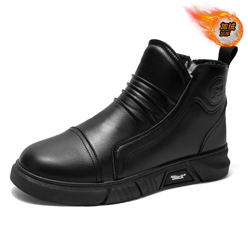 أحذية شتوية مخملية أحذية رجالية جديدة عالية الجودة أحذية جلدية للرجال أحذية جلدية سوداء سميكة دافئة أحذية قصيرة أحذية قطنية