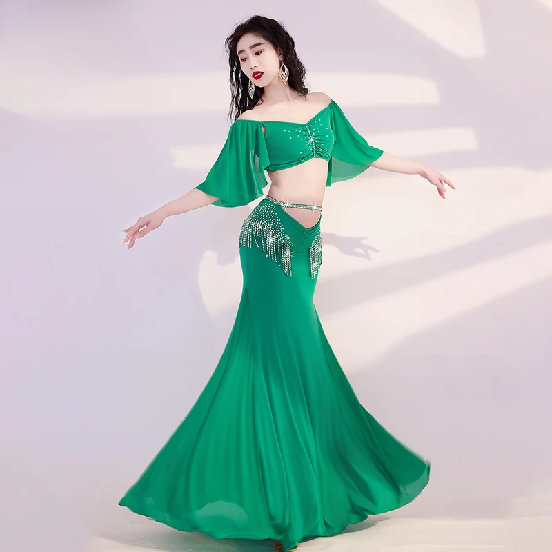 BellyDance Costume Set for Women's Advanced AB Stones Tassel Crystal Cotton Set for Adult Women Oriental Dance Practice Clothes