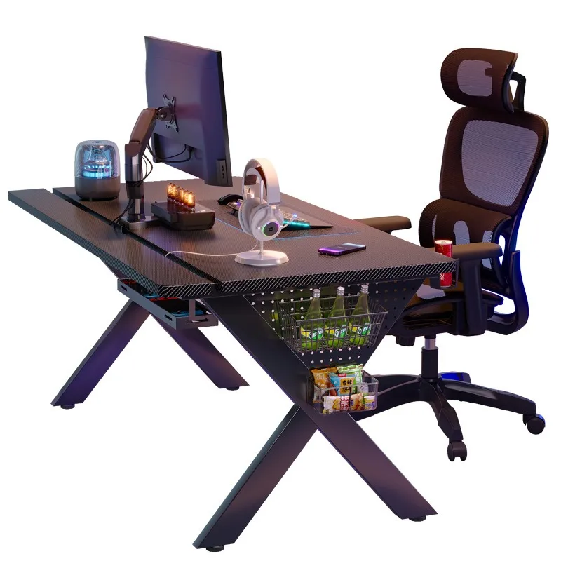 Computer desk Solid wood two-section board with holes, game e-sports table Carbon fiber pattern learning office desk