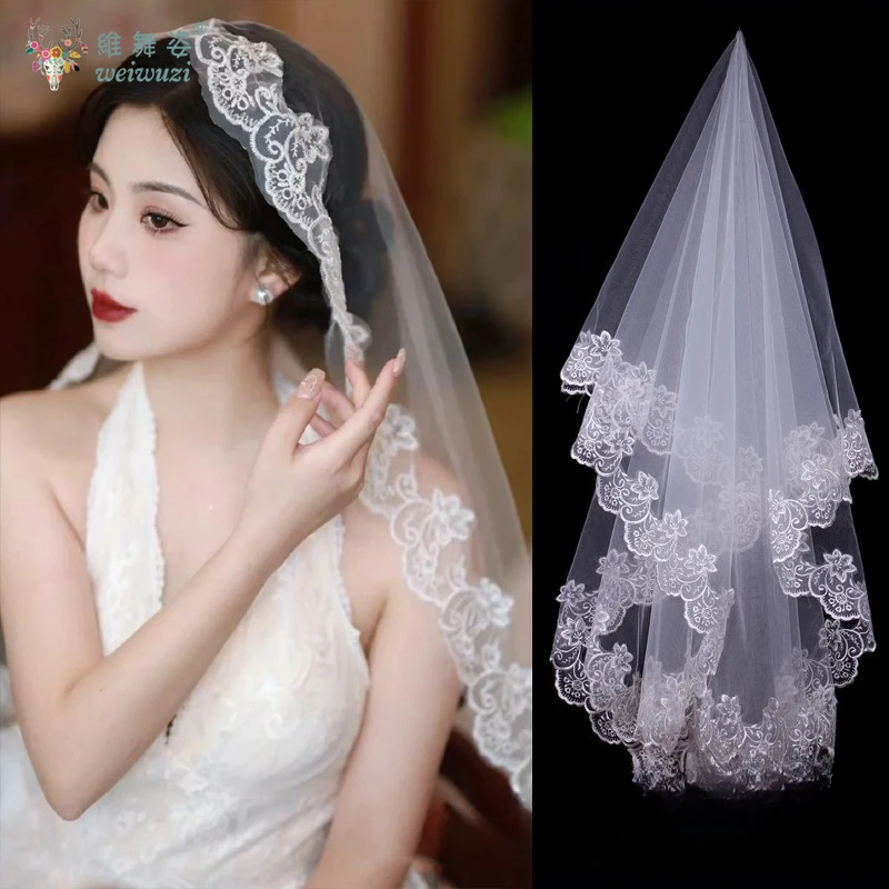

Elegant White Vintage Lace Edge Embroidery Edge High Quality Tulle Bride Veils One Layer Shawl Style Head Veil Wedding