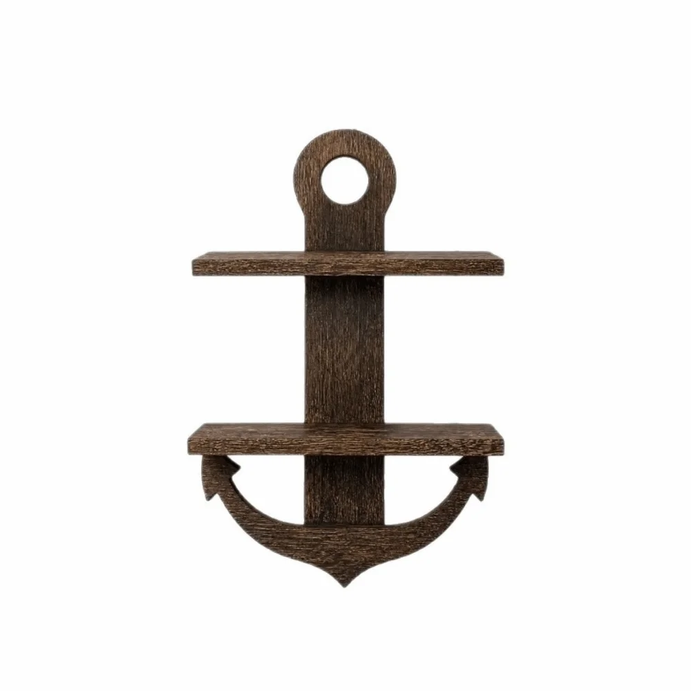 Decorative Wooden Anchor Design Wall Shelf Double-Layer Nautical Style Wall Mounted Shelf Modern Retro Display Rack Living Room