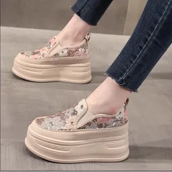 Sequin Flower Woman Platform Sneakers Wedge Shoes Female 8cm Height Increasing Ladies Breathable Cloth Casual Shoes Canvas Shoes