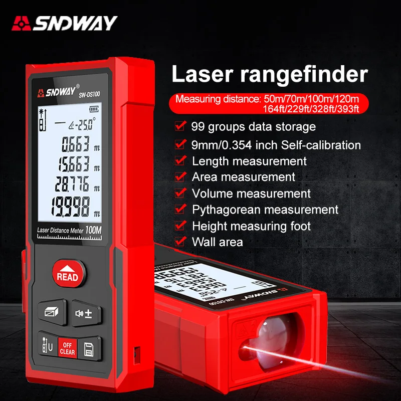 SNDWAY Laser Distance Meter Digital Measuring Instrument Built-in Self-Calibration High Accuracy for Construction Home Use