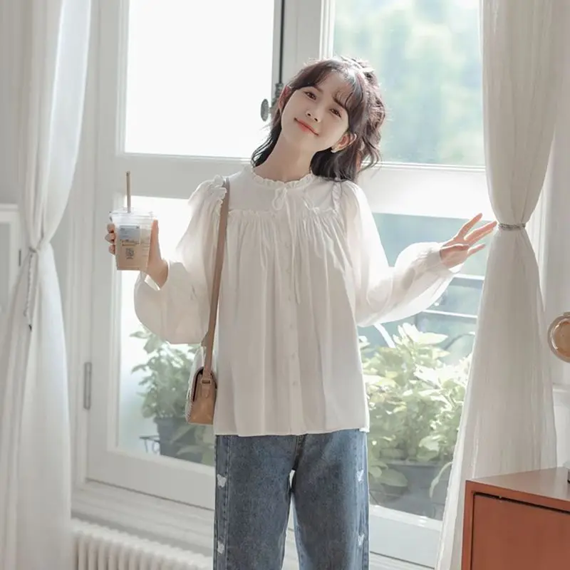 Summer French Long Sleeved White Shirt Women New Sweet Ruffle Collar Top Fashionable Design Shirt