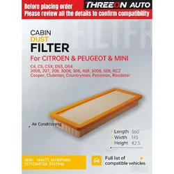 THREEON Engine Air Filter For PEUGEOT 207 3008 308 RCZ 1.6 CITROEN Grand C4 Picasso DS4 1444TT 13717568728 MANN C36003 TOA9830