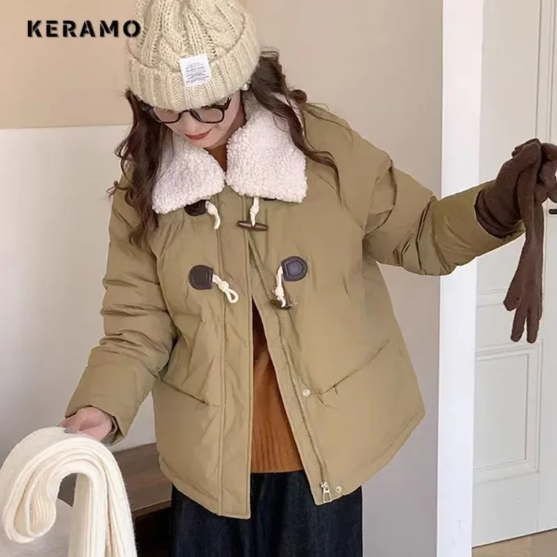 Women Casual Sweet Long Sleeve Patchwork Single Breasted Parkas 2024 Winter Yellow Outerwear Jacket Lovely Warm Thick Coat