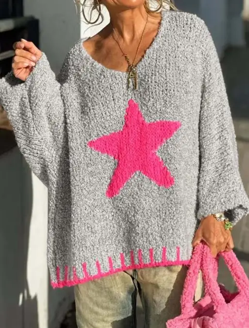 

Autumn Pentagram Pattern Women's Casual Loose Loop Yarn V-Neck Knitted Sweater Women's Elegant Casual Loose Knitted Top