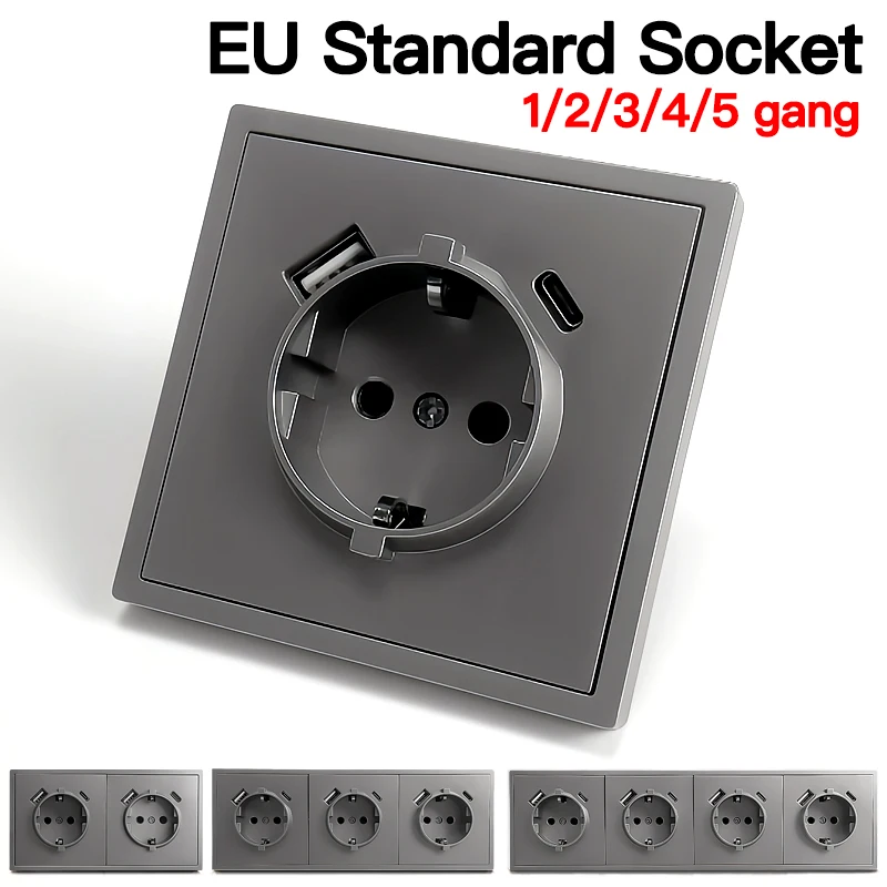 EU Standard Schuko Wall-Mounted Power Socket 16A 250V, USB-C 80×80mm Large PC Board Modern Design