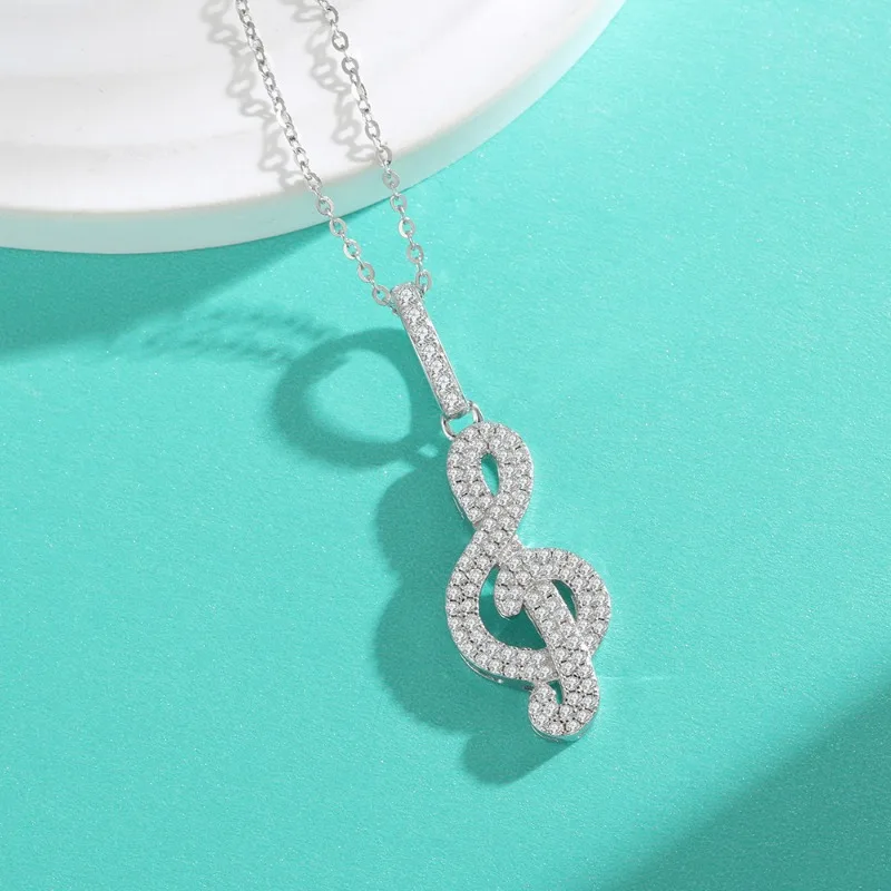 S925 Silver Real Moissanite Musical Note Pendant Necklace for Women Fine Jewelry Iced Out Diamond Charm Necklaces Pass Tester