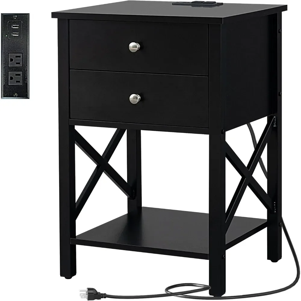

Black bedside table with charging station and USB port, end table with 2 drawers, bedside table with open storage rack