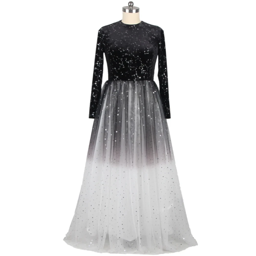 

Customized Real Photo Muslim Evening Dress Black Velour Modest O-neck Full Sleeves Floor Length Plus size Women Party Gown LF143