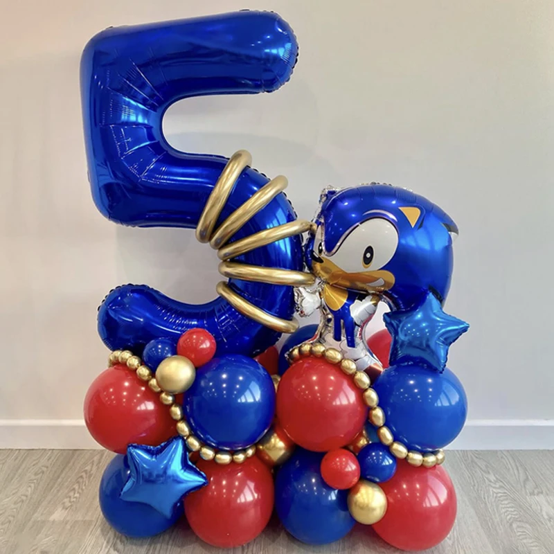 39pcs Cartoon Sonic Theme Birthday Balloons Set with 32inch Blue Number Foil Balloon for Boy Children Birthday Background Supply