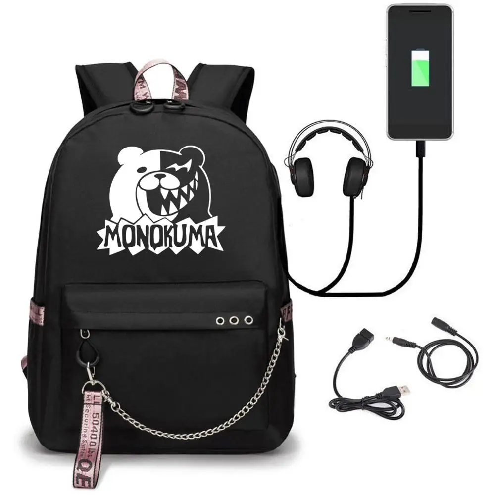 

Anime Danganronpa Backpack School Book Bags Travel Boys Girls Laptop Headphone USB Port Daily Mochila