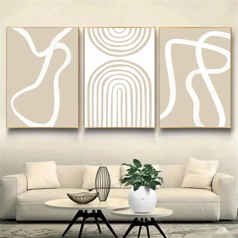 3PCS frameless decorative art print,3Pieces Abstract Off-White Line Wall Art Canvas Print - Bohemian Geometric Nordic Modern Fra