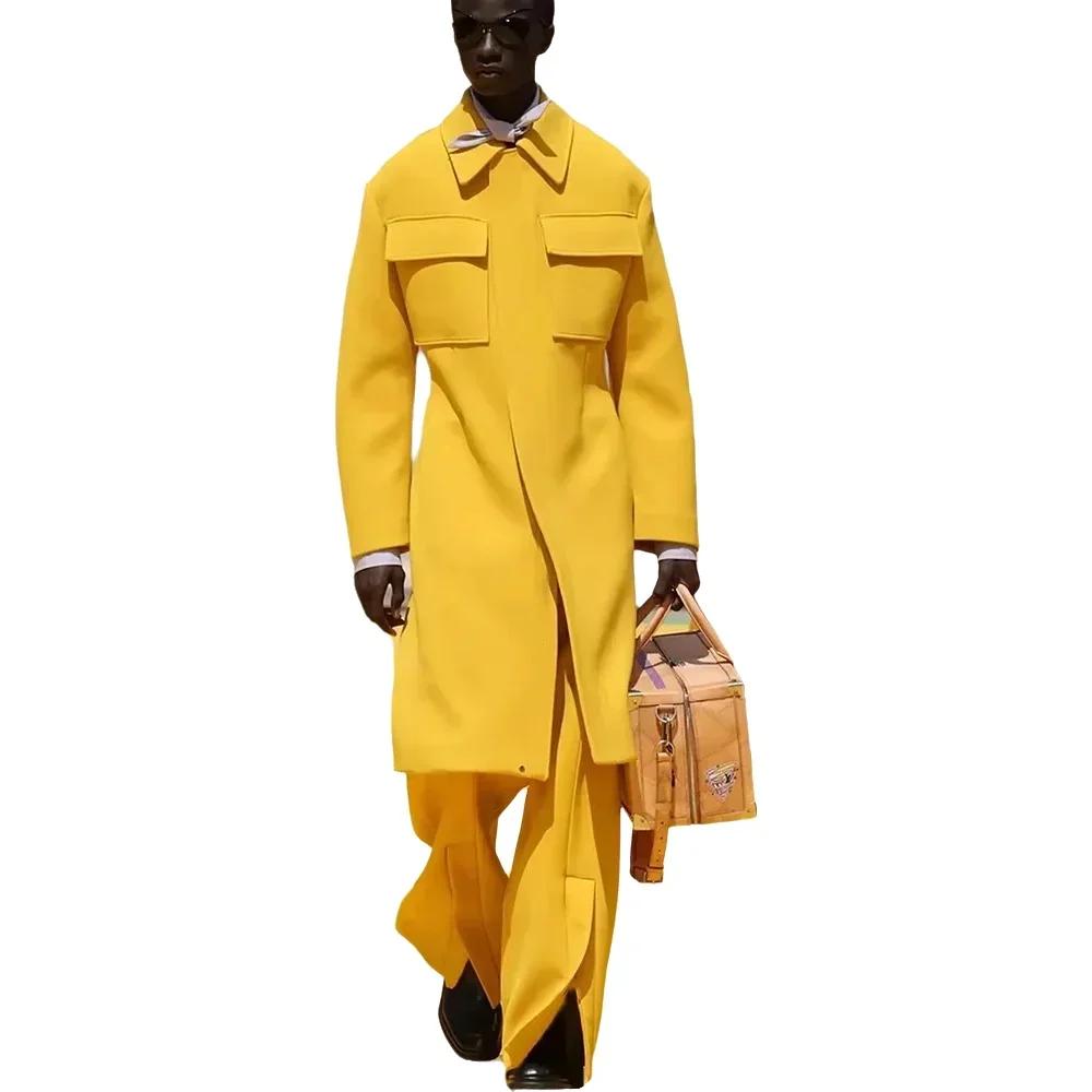 สีเหลืองสดใสชายชุดสองกระเป๋า STAND COLLAR Blazer หล่อชุดรุ่นแสดงชุดราตรีธุรกิจ Casual Man ชุด