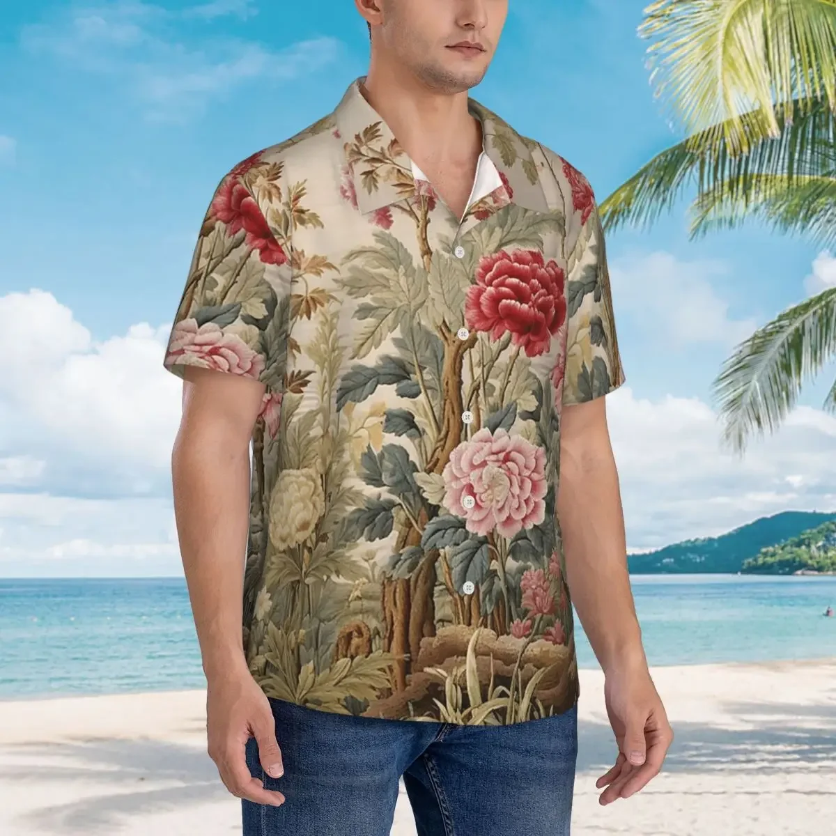 Rococo Style Luxury Floral Hawaiian Shirts Funny Men Short Sleeve Shirt for Summer Beach Men's Button Tops